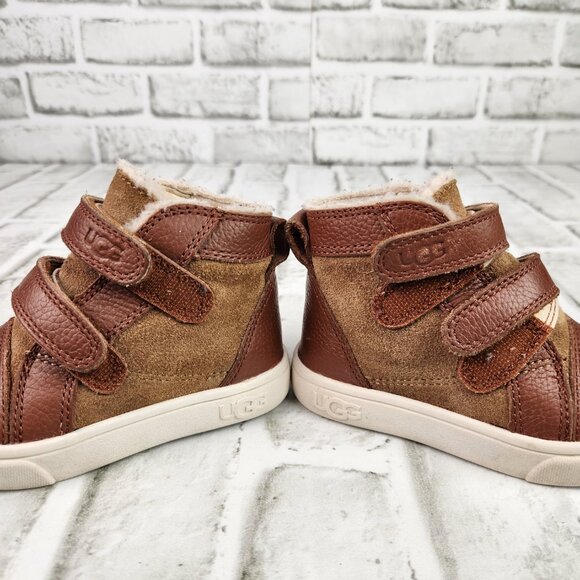 UGG Rennon II High Top Kids Sz 6 Brown Leather Suede Lined Sneaker Boot - Picture 4 of 11